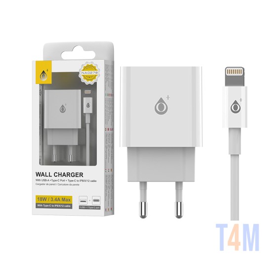 One Plus EU Wall Charger NA0278 with 1USB+1Type-C Port and Type C to Lightning Cable QC 3.0+PD(18W) White